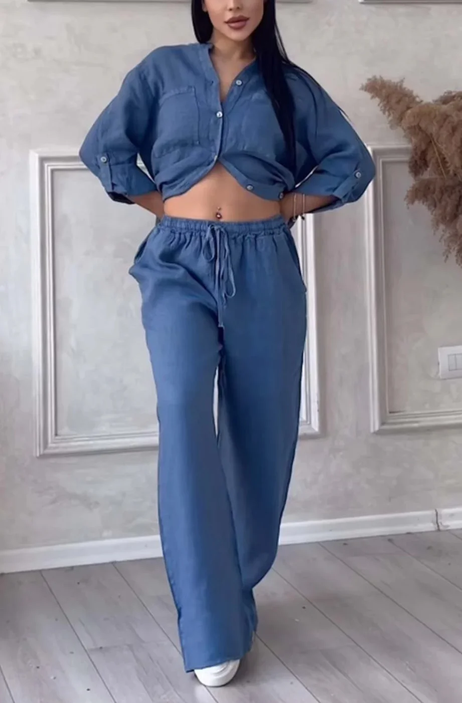 Brownm Brownm New Women's Solid Color Single-Button Long-Sleeved Shirt Two Sets Of Wide Leg Trousers With Trousers