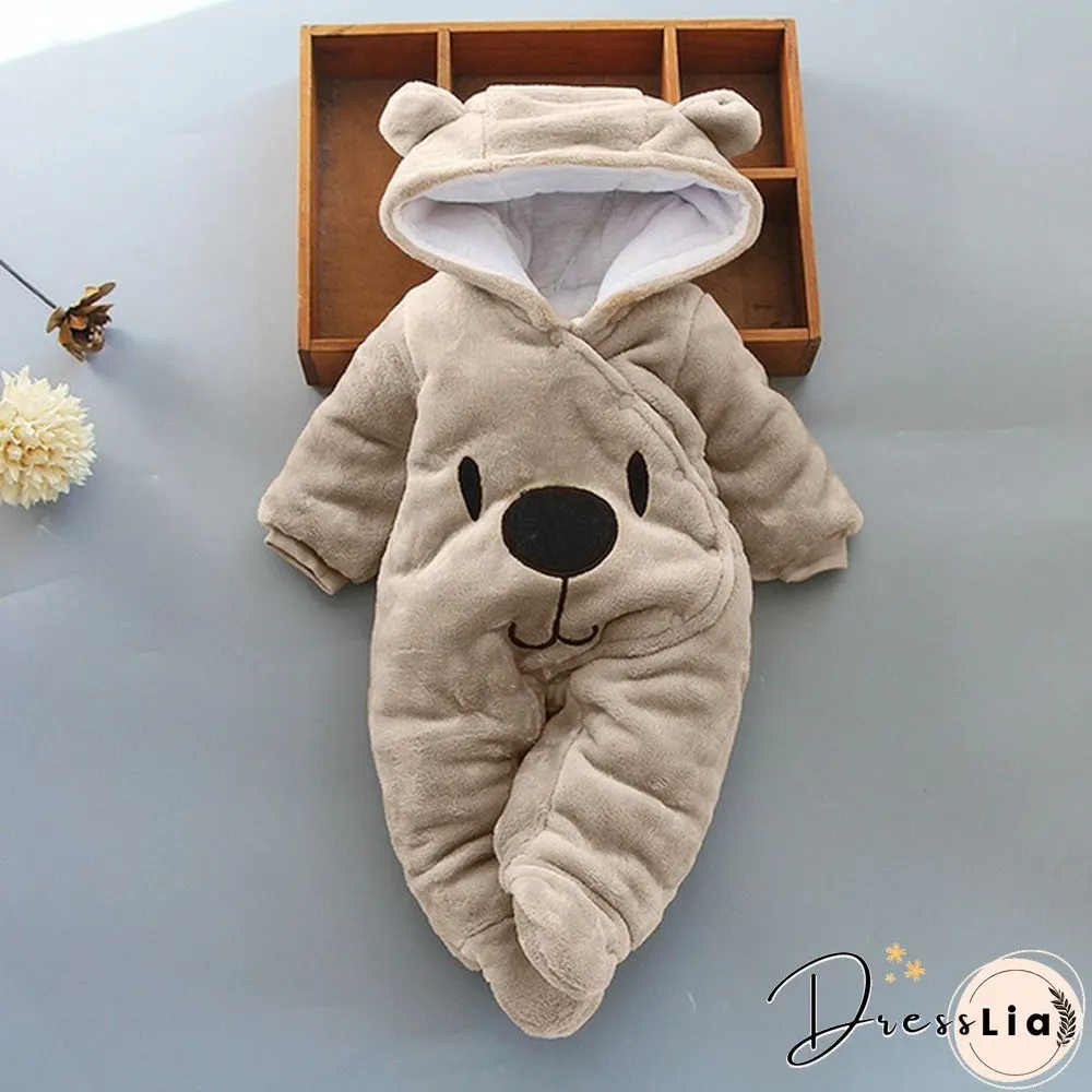 Newborn Baby Girl Boy Solid Color Cartoon Bear Velvet Hooded Jumpsuit Winter Warm Thick