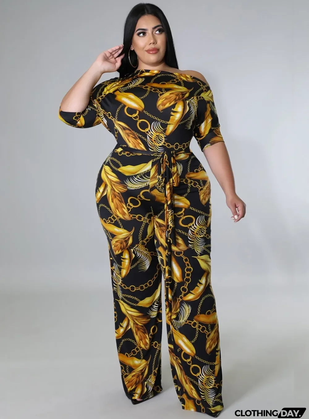 Women Autumn Gold Modest Slash Neck Half Sleeves Print Belted Full Length Loose Plus Size Jumpsuit