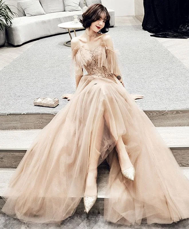 Champagne Tulle Lace Long Prom Dress, Champagne Evening Dress SP15583
