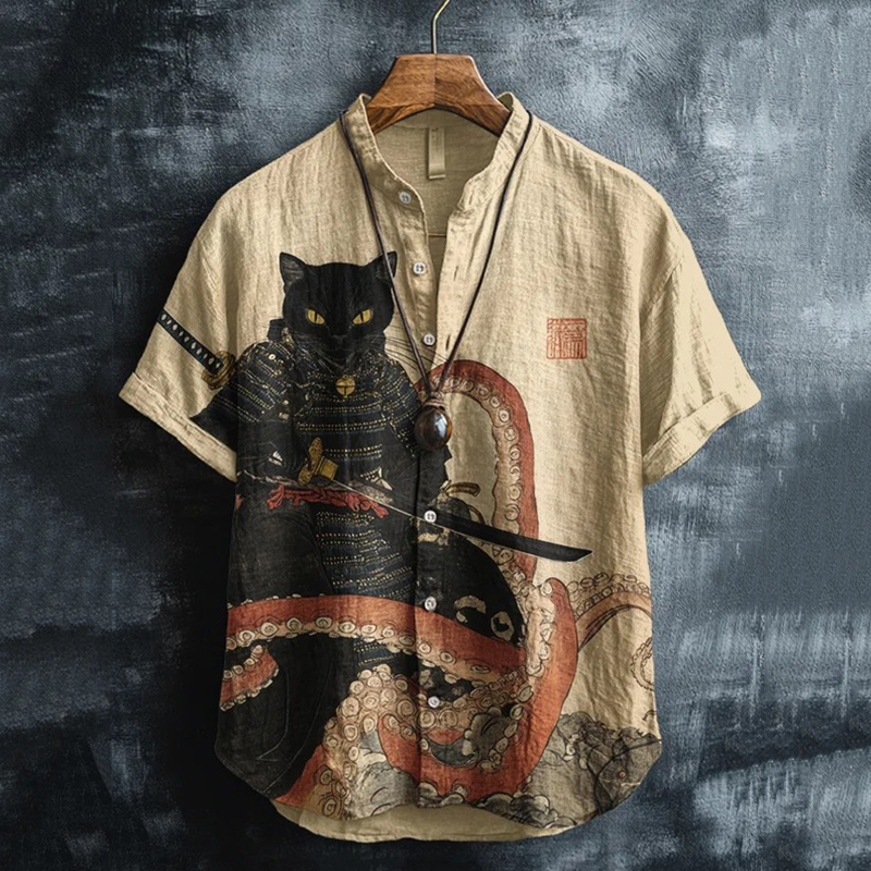 Men's Black Cat Samurai Decisive Battle Sea Overlord Art Print Shirt
