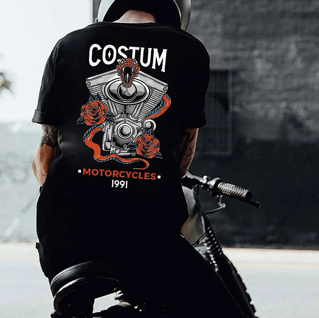 CUSTUM Motorcycle with Roses Black Print T-Shirt