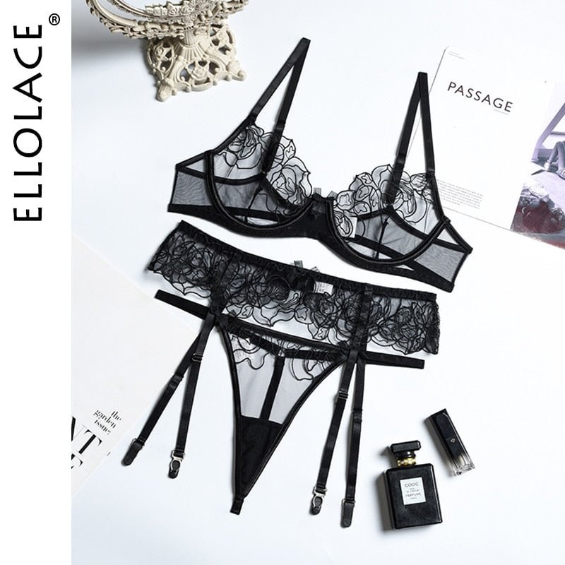 Ellolace Sexy Lingerie Women's Underwear See Through Sensual Lingerie Woman Exotic Costumes Bra with Bones Lingerie 3 Pieces
