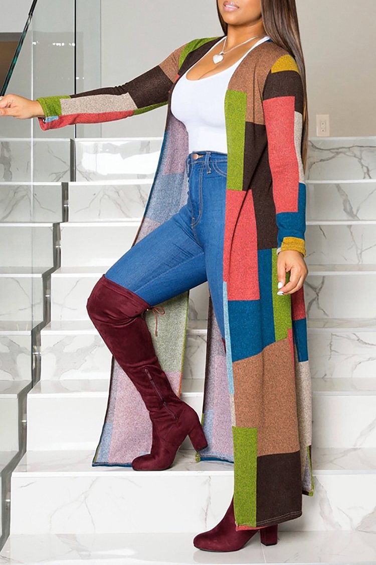 Plus Size Casual Colorblock Print Split Cardigan Long Sleeve Ankle Length Outwear Coat