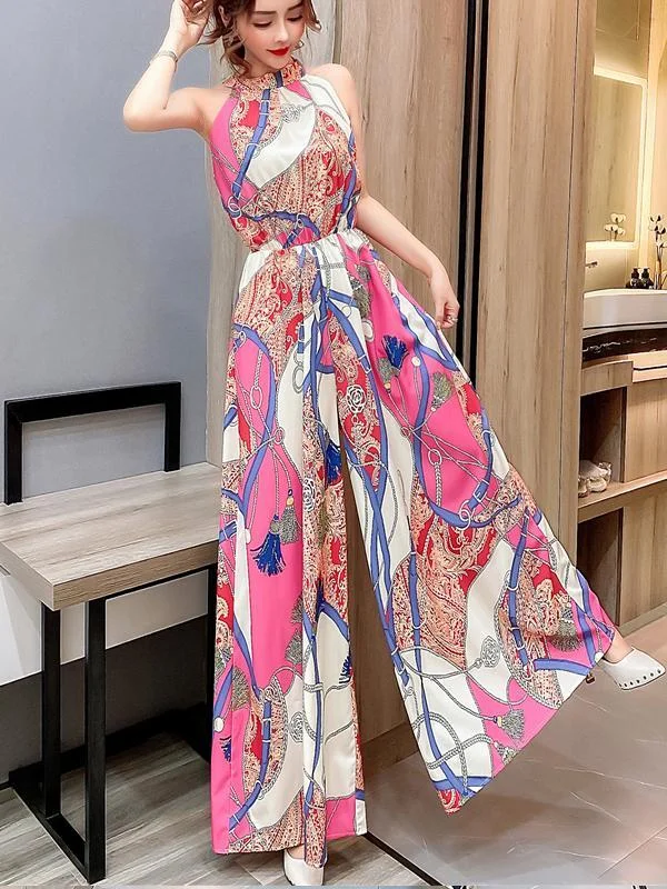 Fashion hanging neck strapless sleeveless long wide leg pants