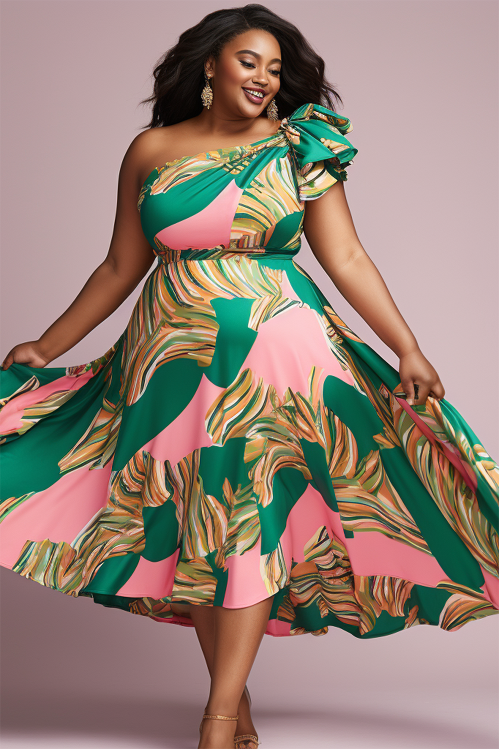 Design Plus Size Vacation Multicolor All Over Print Oblique Collar Chiffon Midi Dresses [Pre-Order]