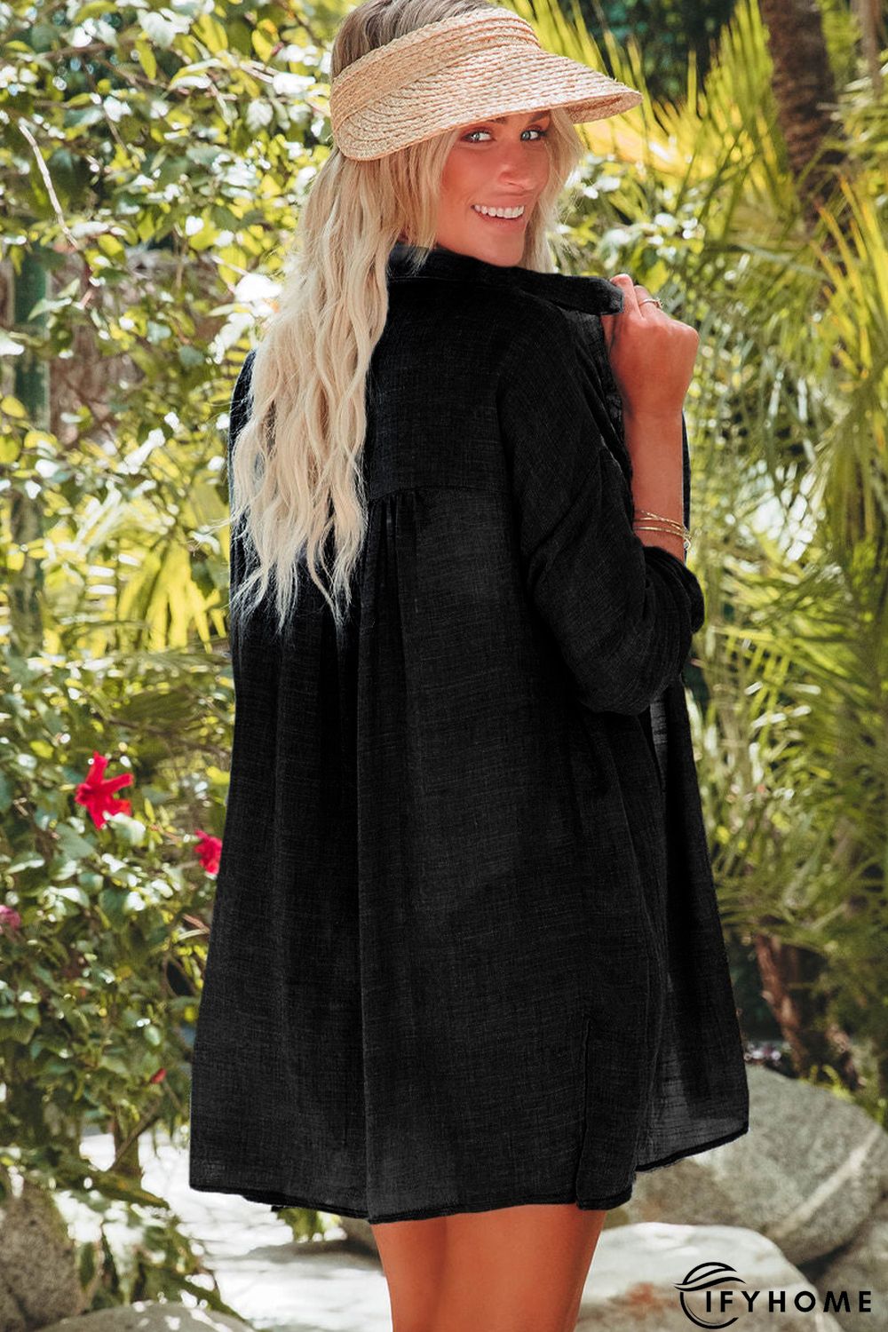 Black Lightweight Shirt Style Beach Cover Up | IFYHOME
