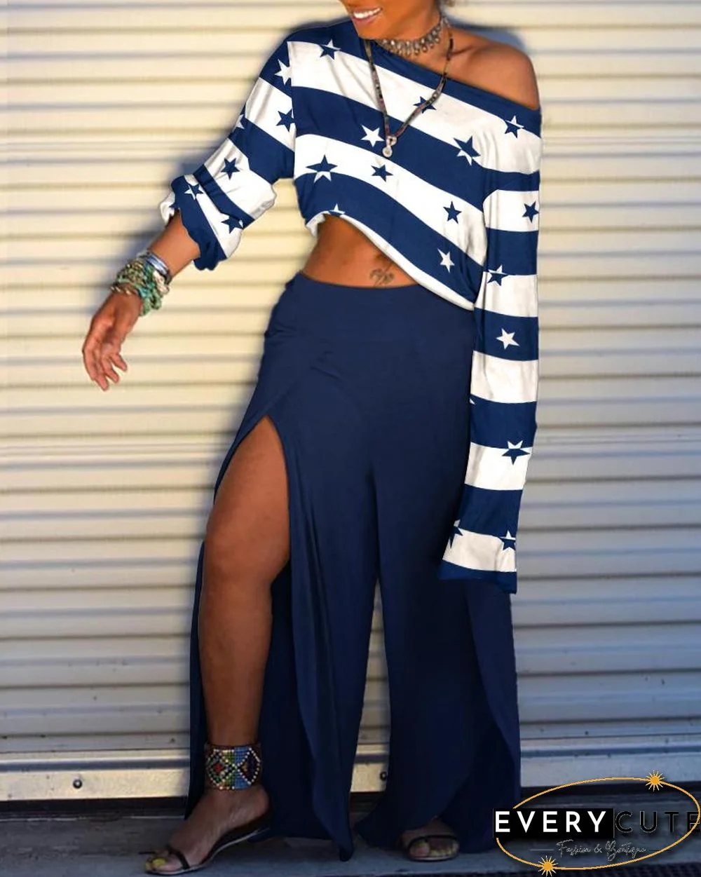 Stripe Print Star Long Sleeve T-shirt & Slit Pant Sets