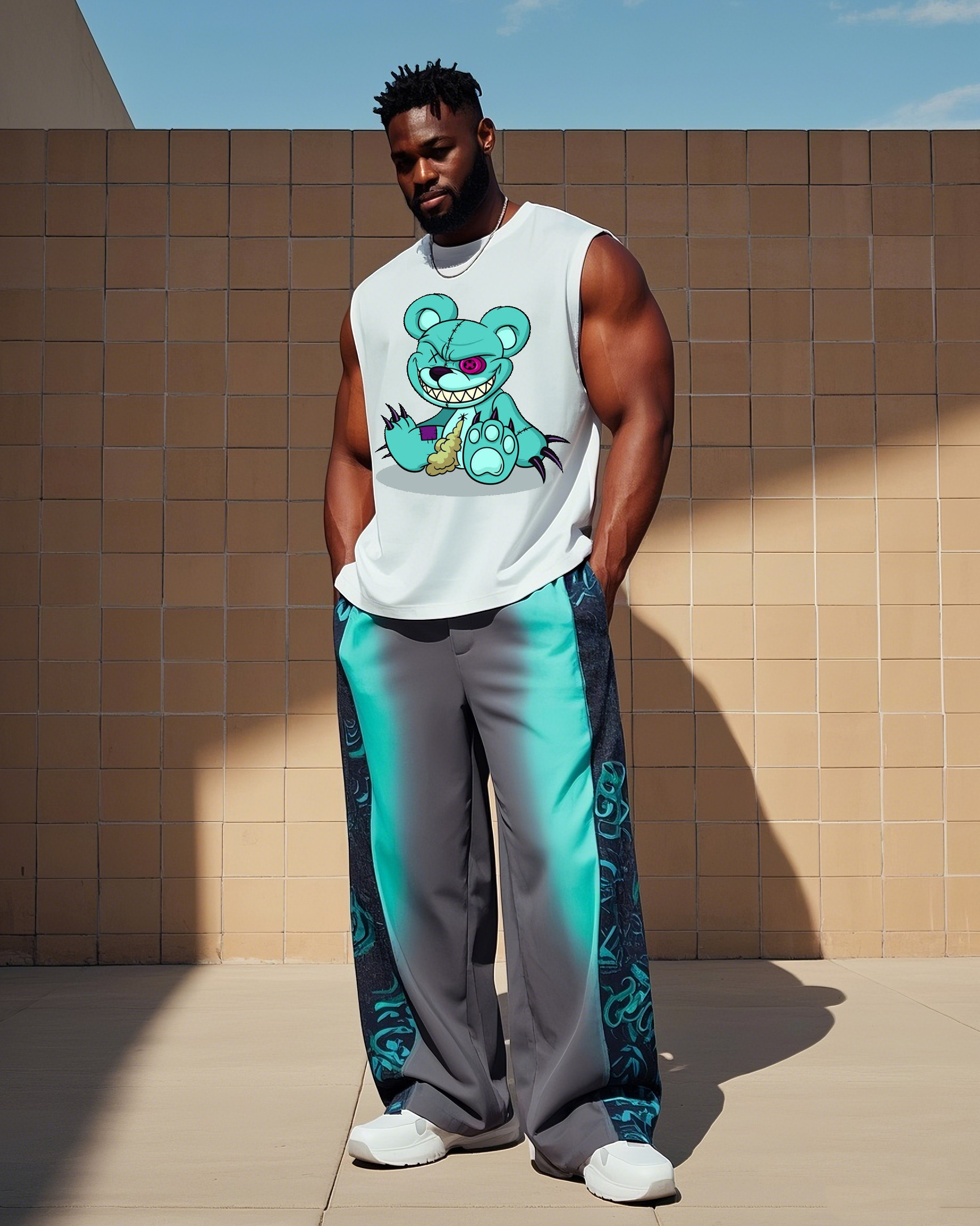 Big Boy Gradient Colorblock Printed Pants/Bear Bear Printed Vest Trousers Suit