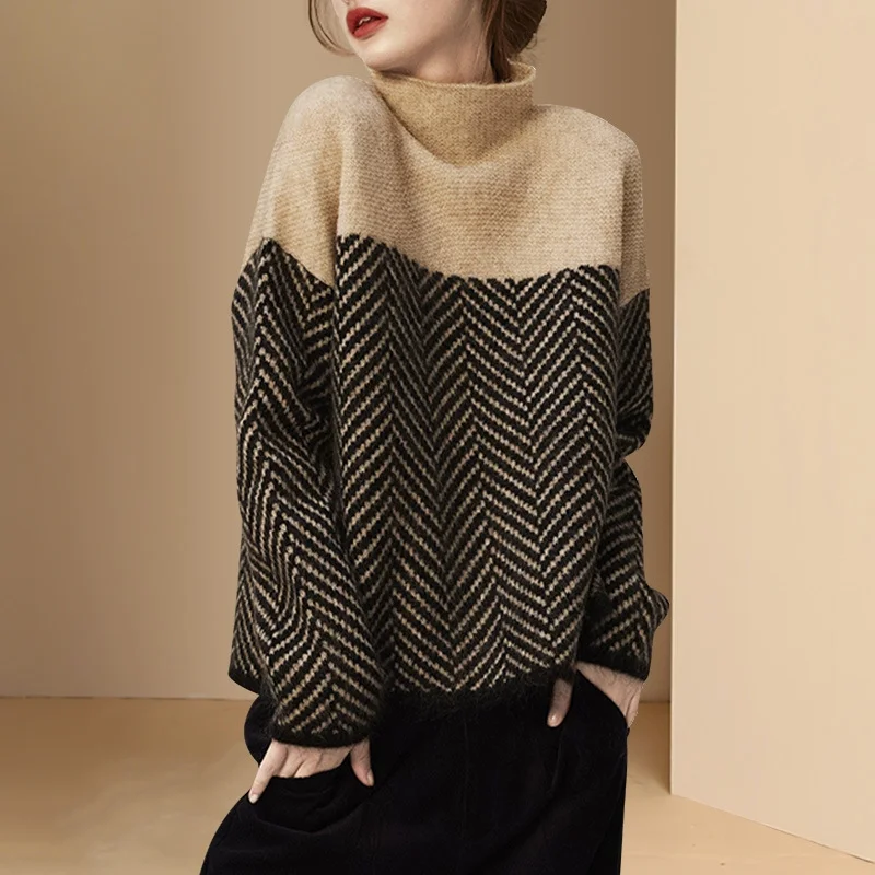 Thermal turtleneck striped sweater