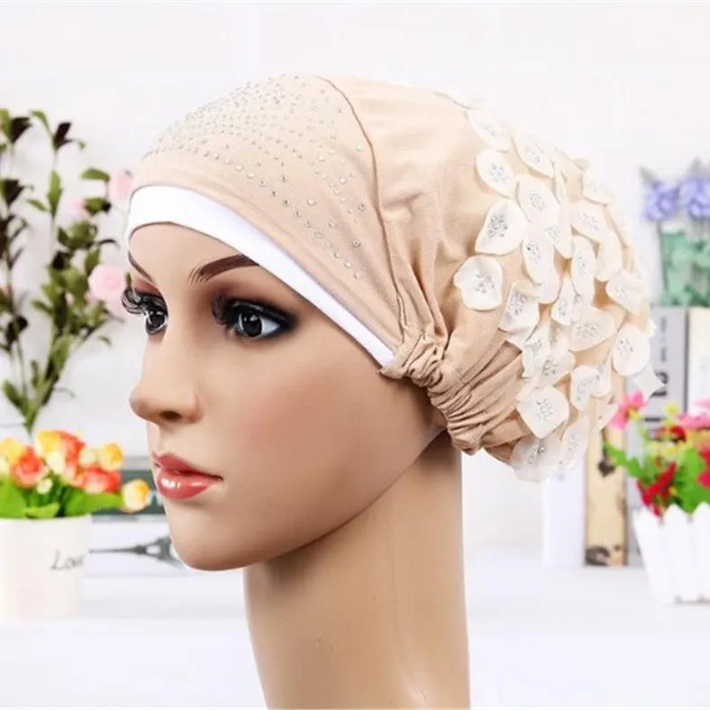 Women's Sequins Flowers Muslim Turban Hat Cap