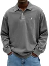 Men's Retro Washed Distressed Cotton Lapel Long Sleeve Polo Shirt