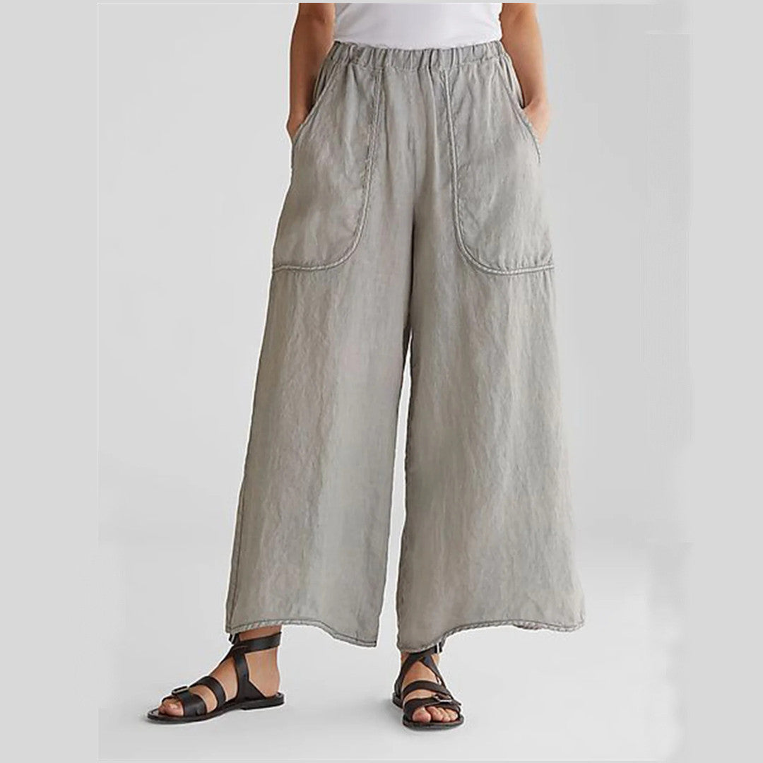 Women's Pant Pocket Mid Waist Solid Color Cotton Linen Loose Casual Pants