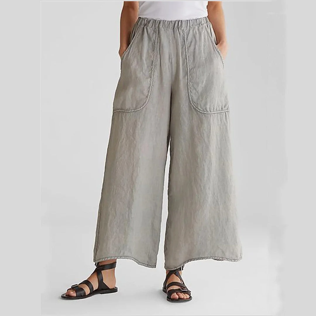 Women's Pant Pocket Mid Waist Solid Color Cotton Linen Loose Casual Pants