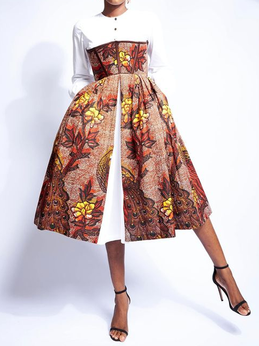 Floral Peacock Pattern Patchwork Button Pocket Ethnic Midi Dress