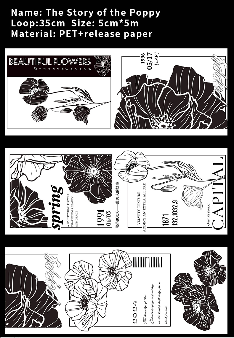 Journalsay 500cm/ Roll Blazing Modern Girl Indigo Garden Series Vintage Character Flower PET Tape