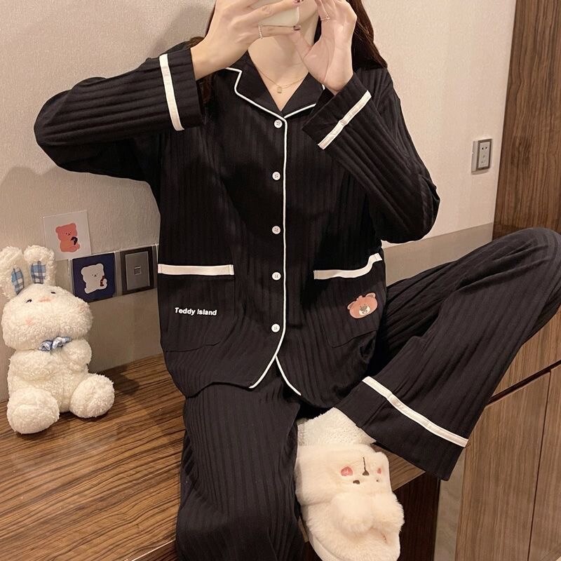 Maniros Pajamas Women Korean Lapel Sleepwear Autumn Winter Pijamas Cute Clothes Pyjamas 2 Piece Pants Sets Loungewear Pj Suit