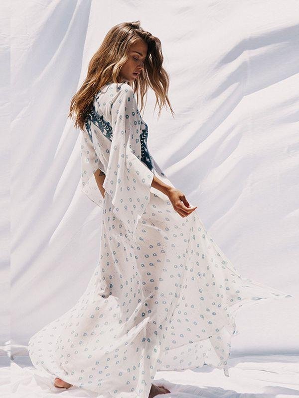 Spring and Summer Print Bohemian V-Neck Cropped Sleeves Holiday Dress