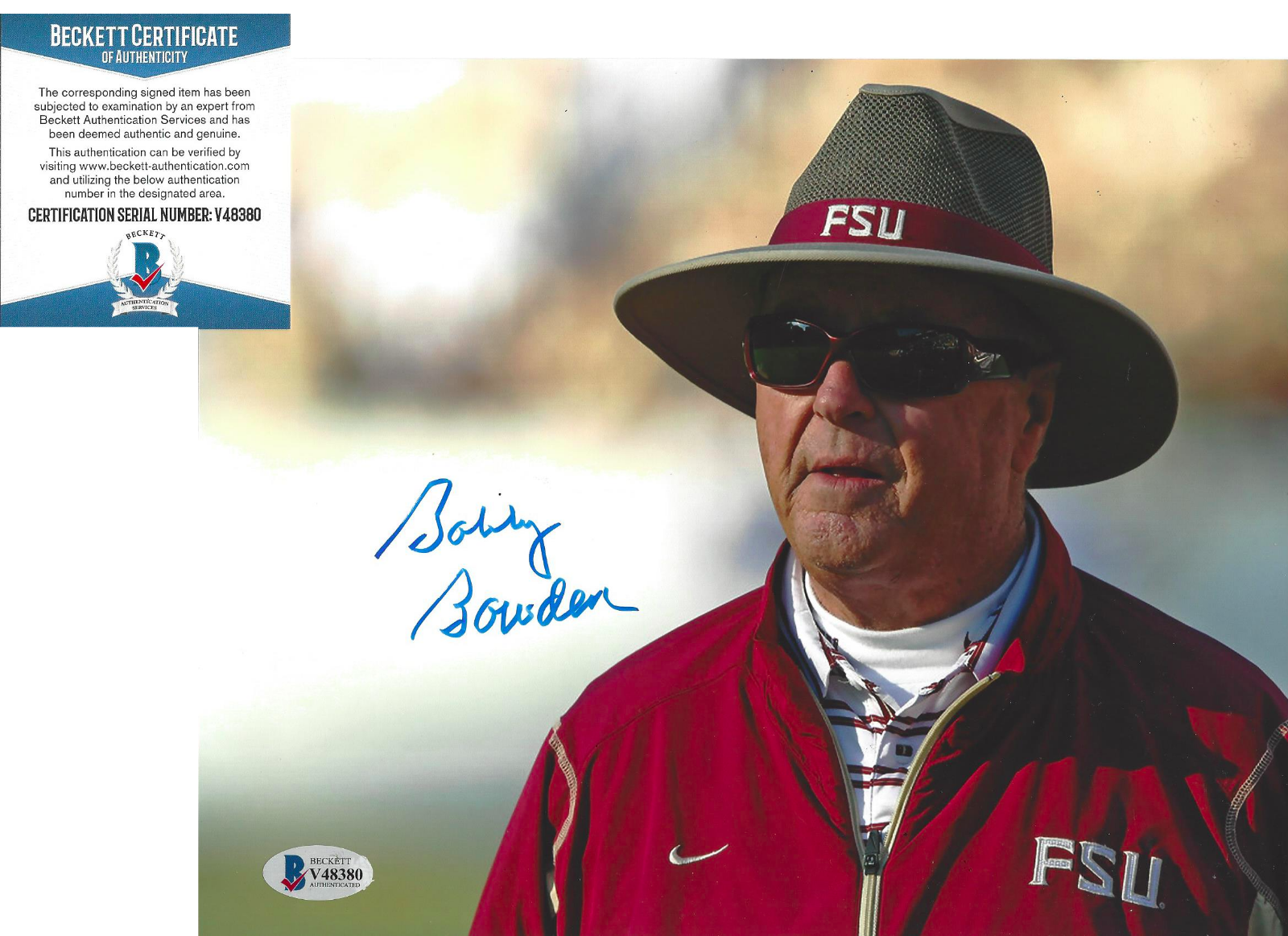 COACH BOBBY BOWDEN FLORIDA STATE SEMINOLES SIGNED 8x10 Photo Poster painting L BECKETT COA BAS