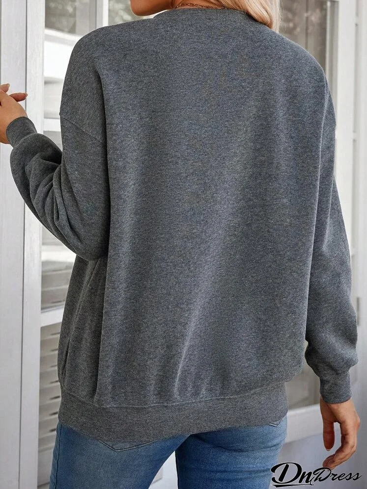 Women Plain Color Round Neck Drop Shoulder Long Sleeve Fleece Lined Casual Sweatshirt, Autumn/Winter