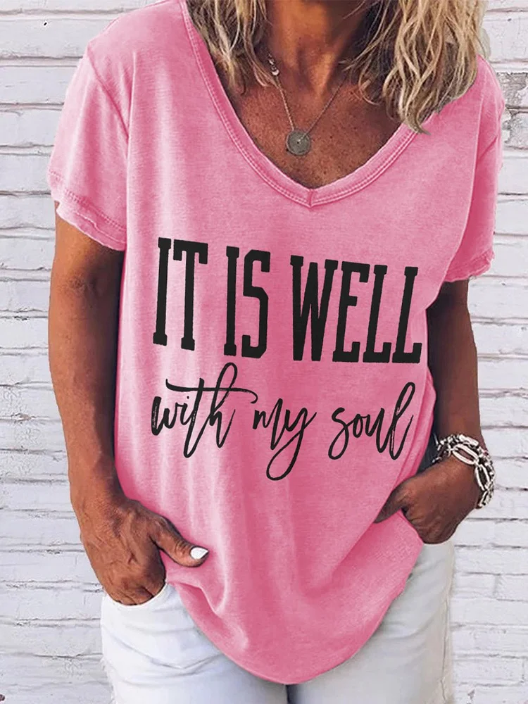 Bestdealfriday It Is Well With My Soul Graphic V Neck Short Sleeve Tee