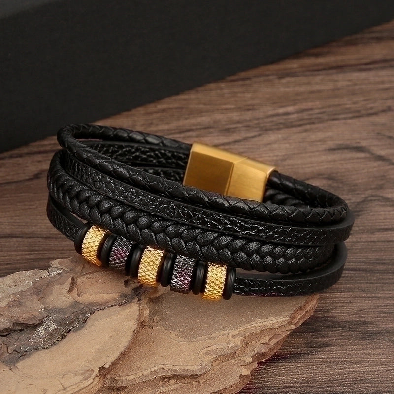 Vintage Style Solid Color Stainless Steel Pu Leather Handmade Men's Bracelets4