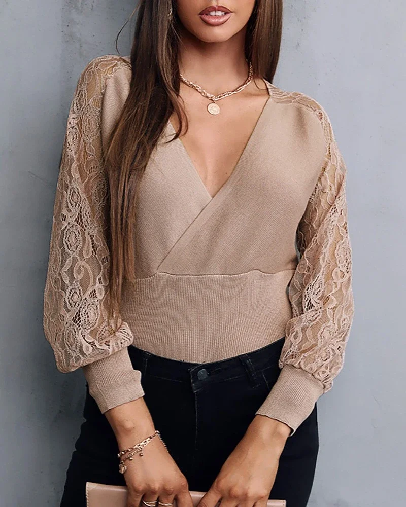Contrast Lace Surplice Neck Sweater | IFYHOME