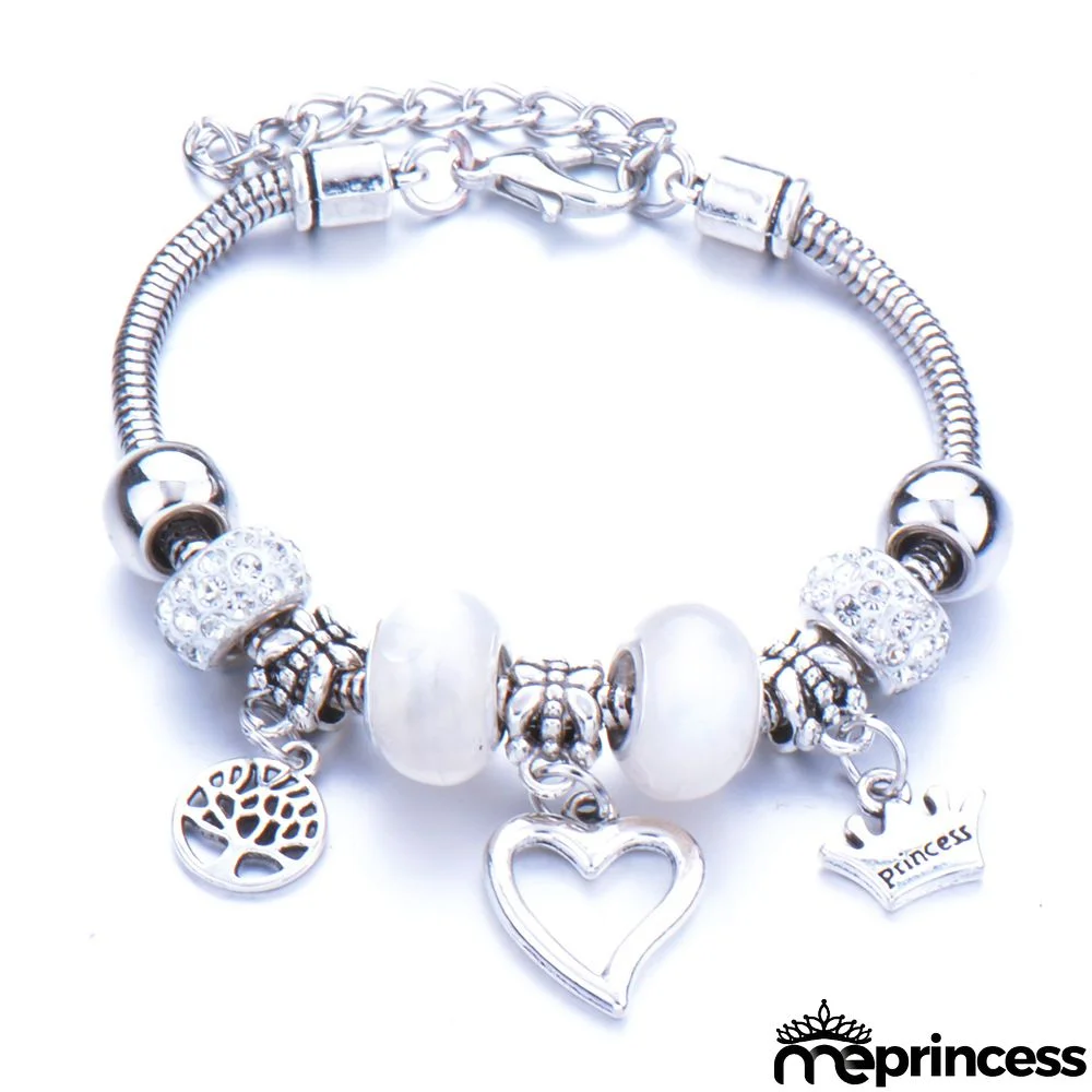 Women Fashion Rhinestone Butterfly Crown Pendant Beaded Bracelet