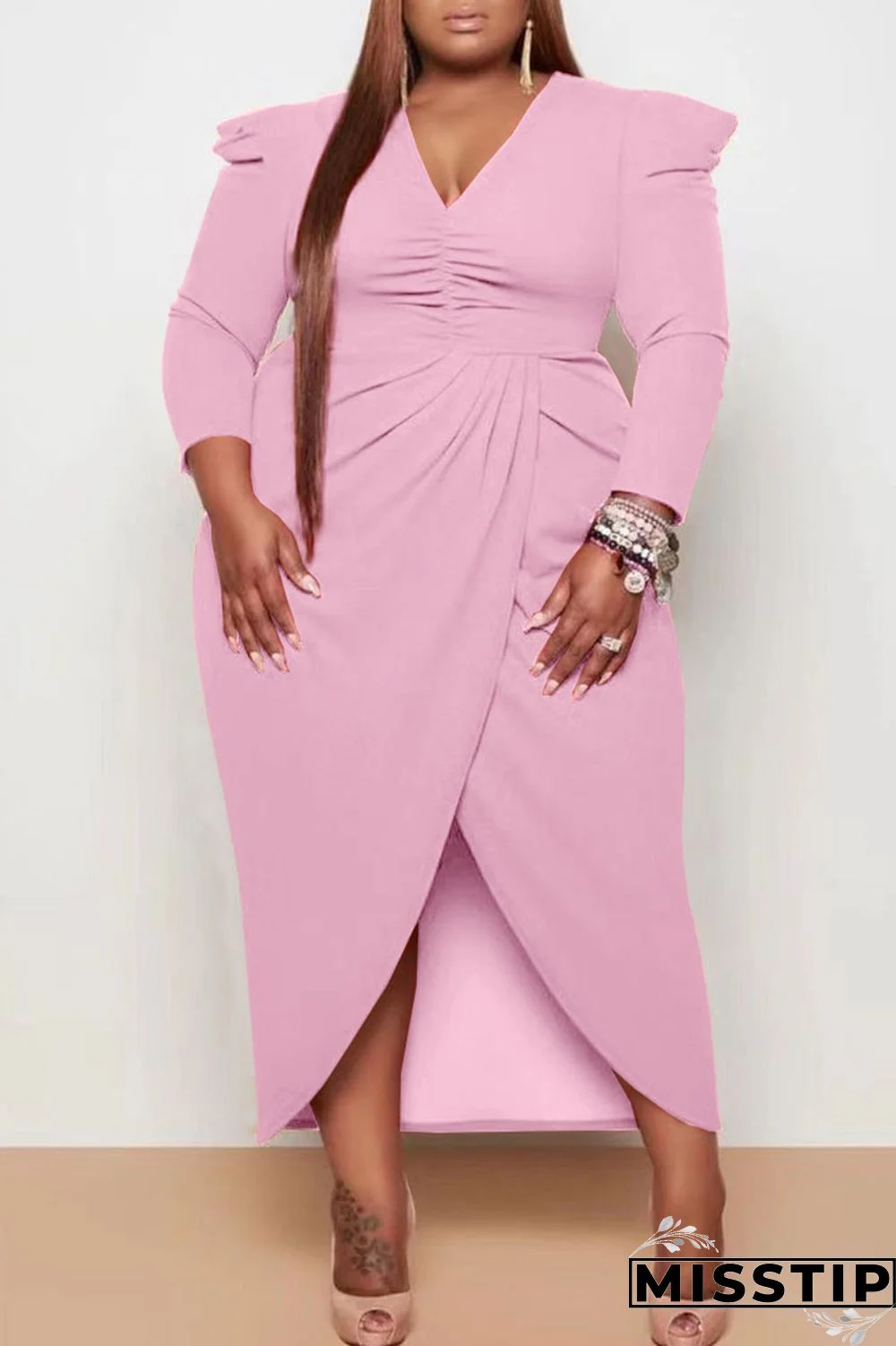 Black Casual Solid Patchwork Fold Asymmetrical V Neck Princess Plus Size Dresses