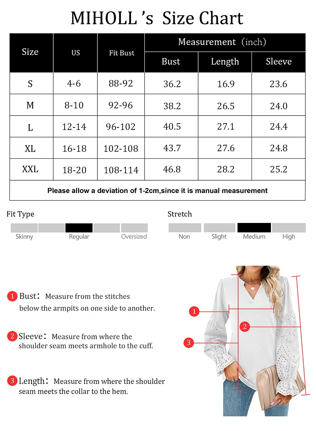 MIHOLL Women V Neck Long Sleeve Shirt Lace Crochet Loose Casual Top Blouse