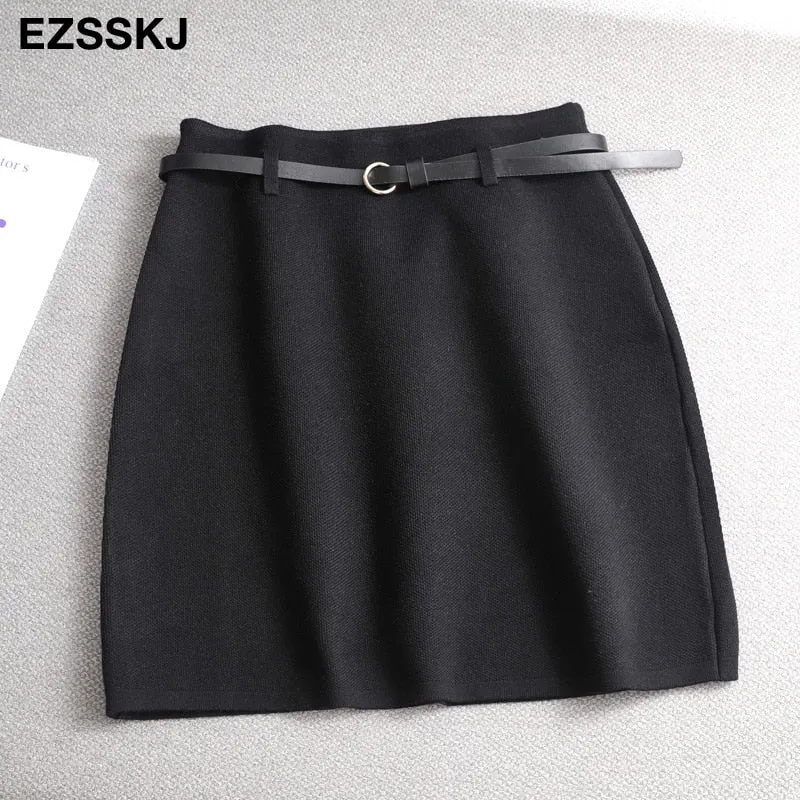 spring Autumn retro A-line PENCIL mini skirt female fashion high waist  slim skirt  solid color badycon knitted short skirt