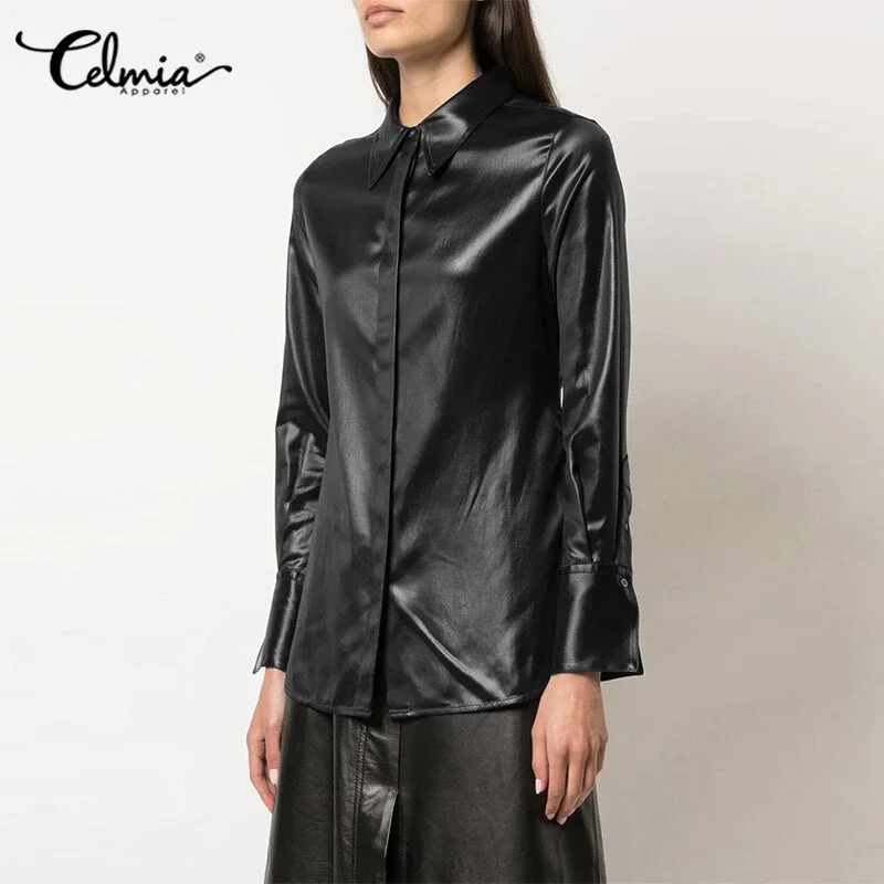 Oversized Women PU Shirts 2022 Celmia Fashion Long Sleeve Buttons Vintage Casual Leather Blouses Lapel Solid Tops Streetwear