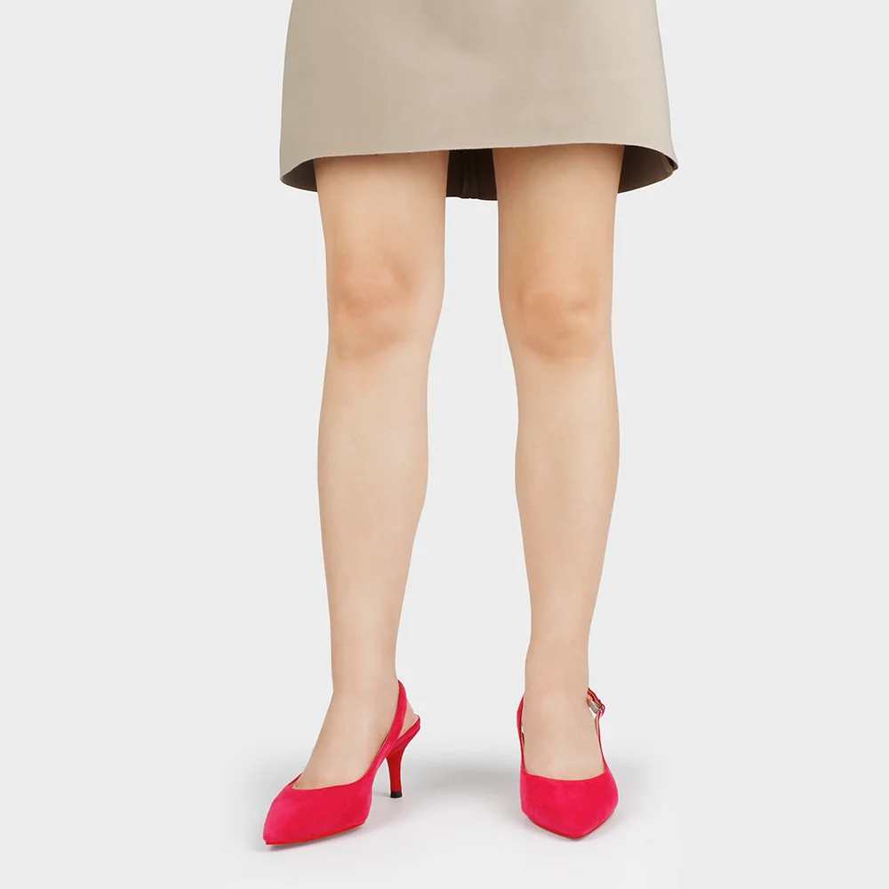 2.36" Women's Pointed Toe Sandals Slingback Red Bottom Shoes Kitten Heel Daily Pumps Suede-MERUMOTE
