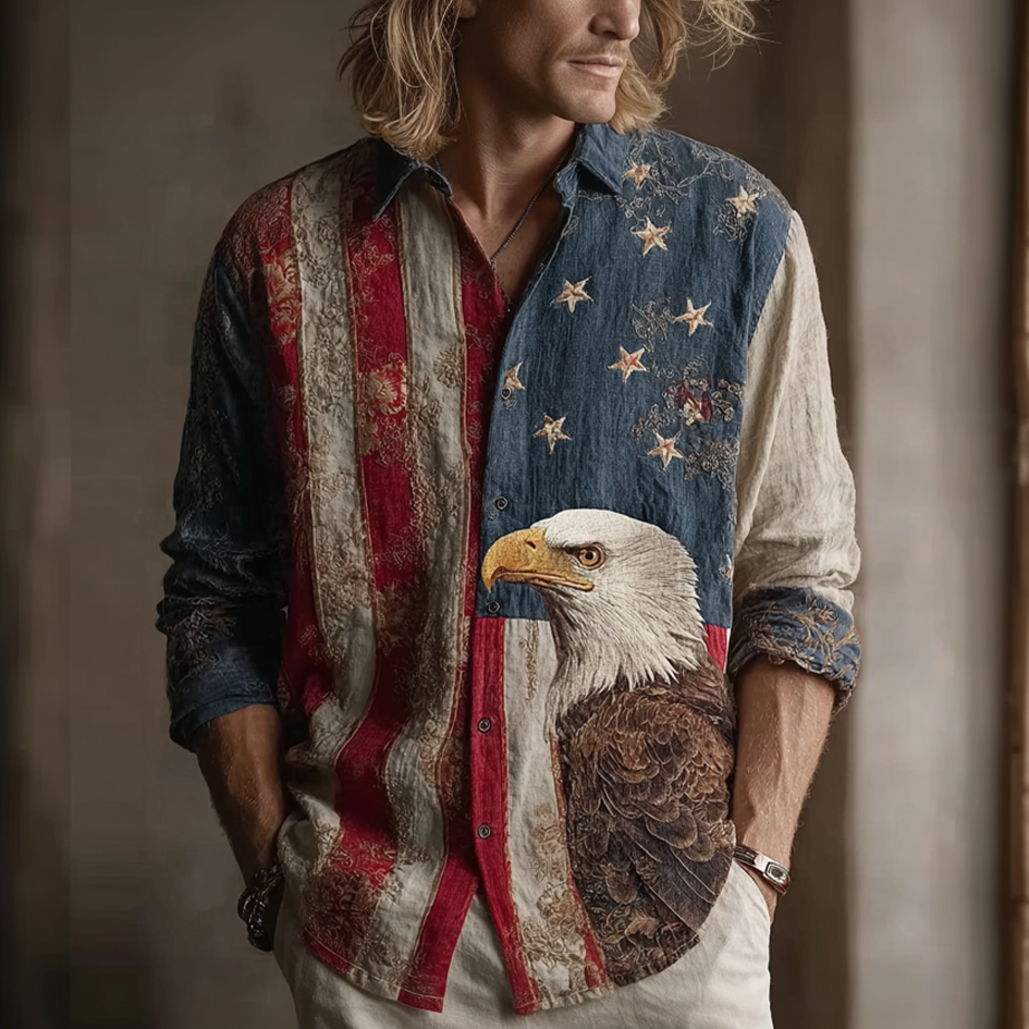 Comstylish Men's Retro American Flag Element Eagle Pattern Embroidery Casual Linen Shirt 2