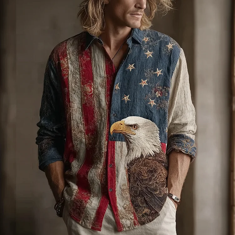 Men's Retro American Flag Element Eagle Pattern Embroidery Casual Linen Shirt 2