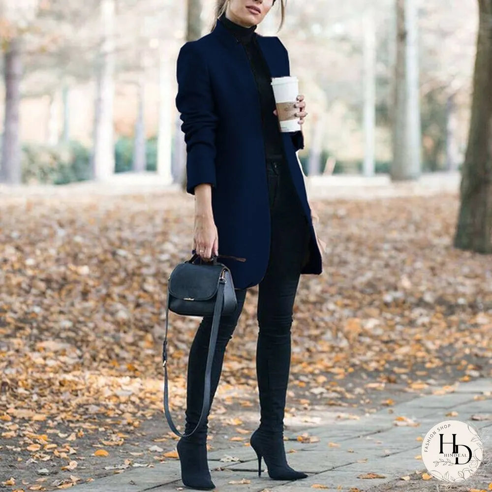 New Autumn and Winter Fashion Womens Solid Color Stand-Up Collar Woolen Coat Lapel Wool