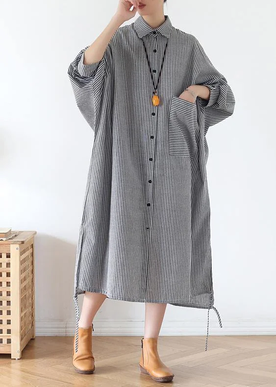 Women lapel Batwing Sleeve fall tunic pattern Fashion Ideas black striped Plus Size Dresses