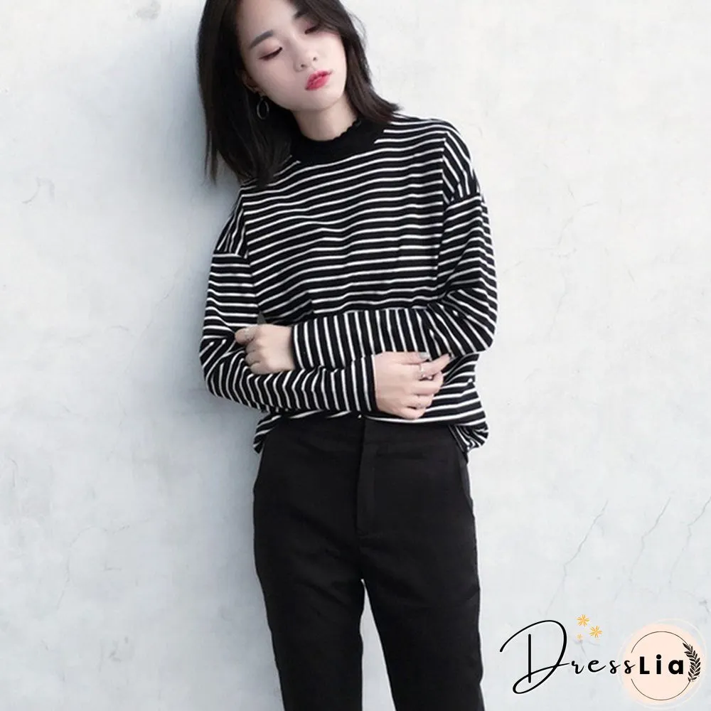 Women Turtleneck Korean Style Crop Top Long Sleeve Striped Tops Female Shirt Casual Harajuku Tops