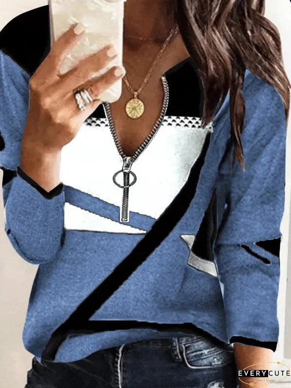 V-Neck Long Sleeve T-Shirt with Color Blocking
