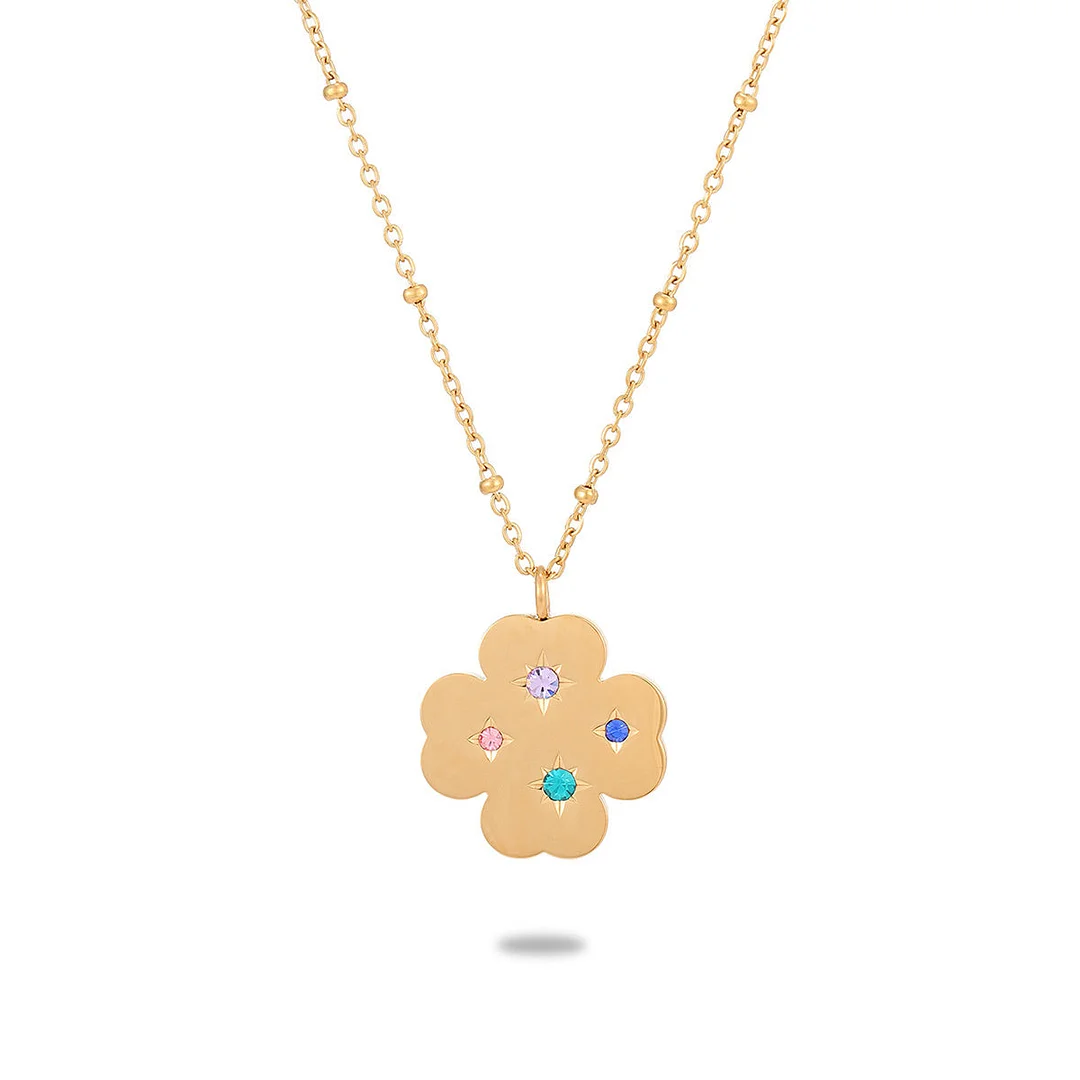 Stainless Steel Necklace With Colored Diamond Petals