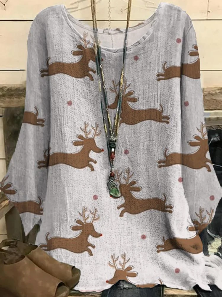 Women's Christmas Theme Elk Printed Round Neck Half Sleeve T-Shirt