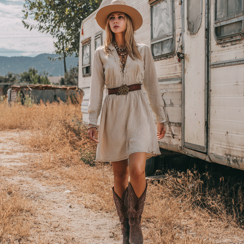 Cowgirl Vintage-Inspired Corduroy Dress With Cowboy Boots