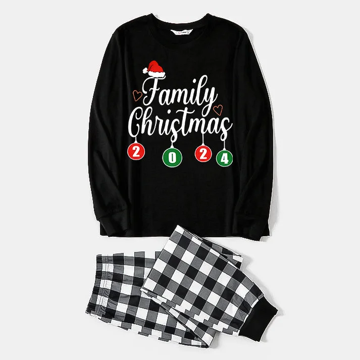 "Family Christmas" 2024 Black Long Sleeve Top with Black And White Plaid Pants Family Matching Pajamas