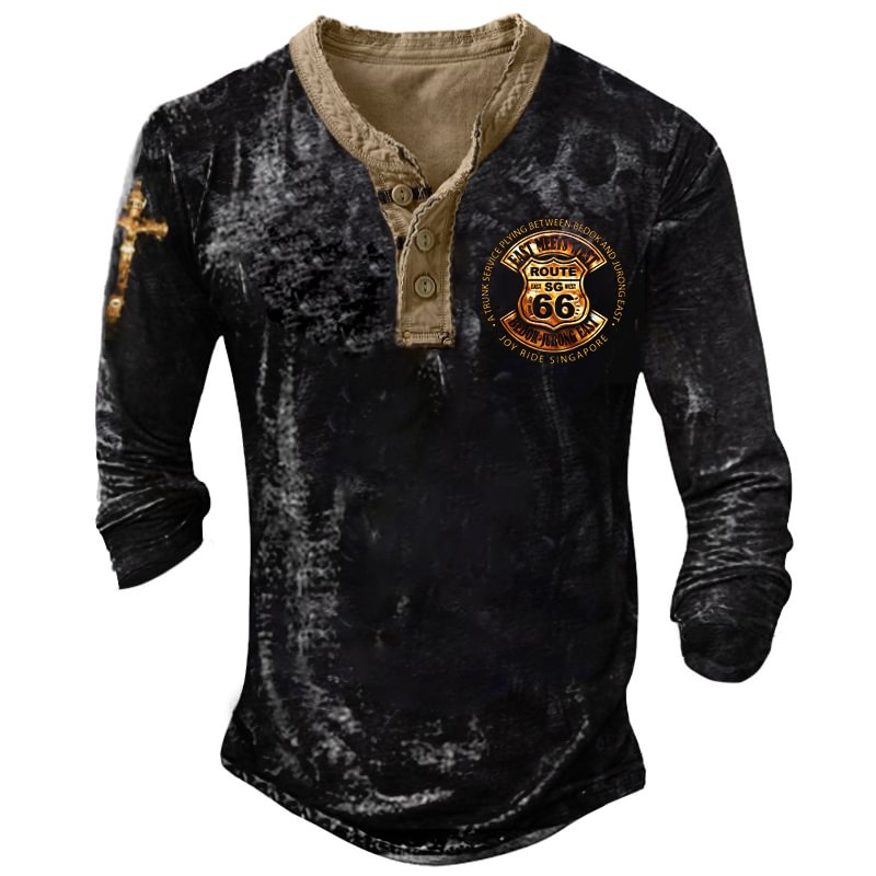 Men's Vintage Route 66 Print Button Henry T-Shirt / [viawink] /