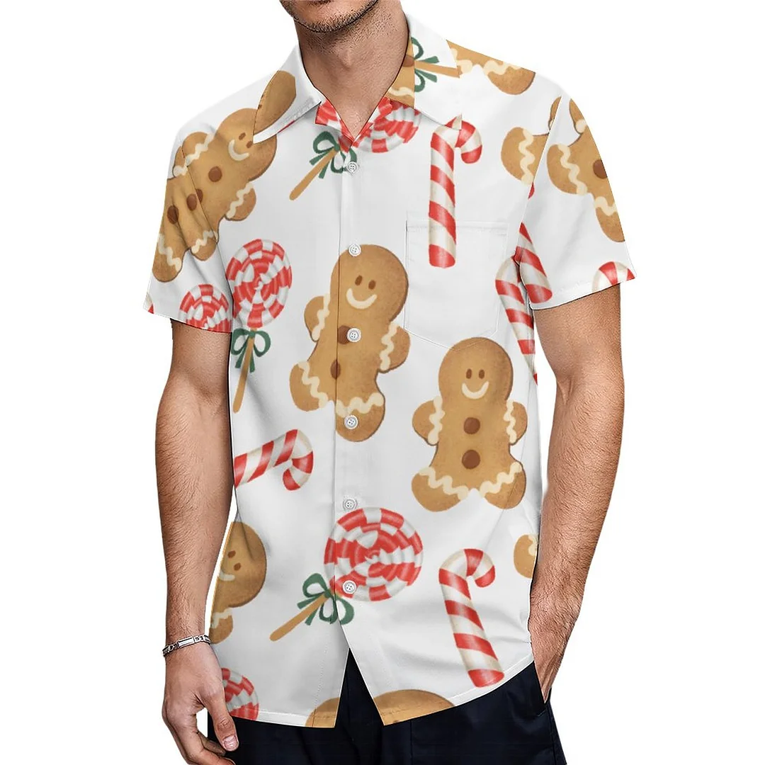Gingerbread Man Candy Canes Holiday Hawaiian Shirt Mens Button Down Plus Size Tropical Hawaii Beach Shirts