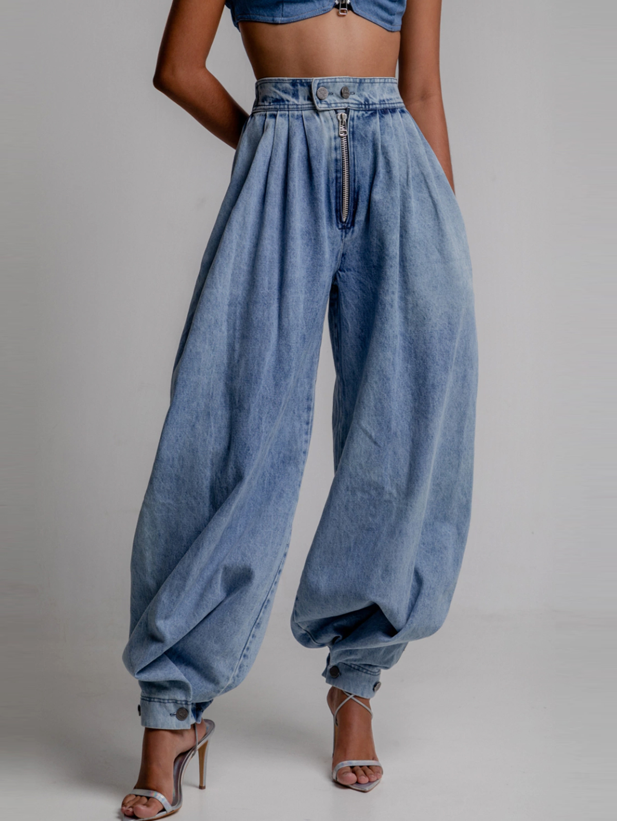 Casual High Rise Zipper Denim Balloon Pants