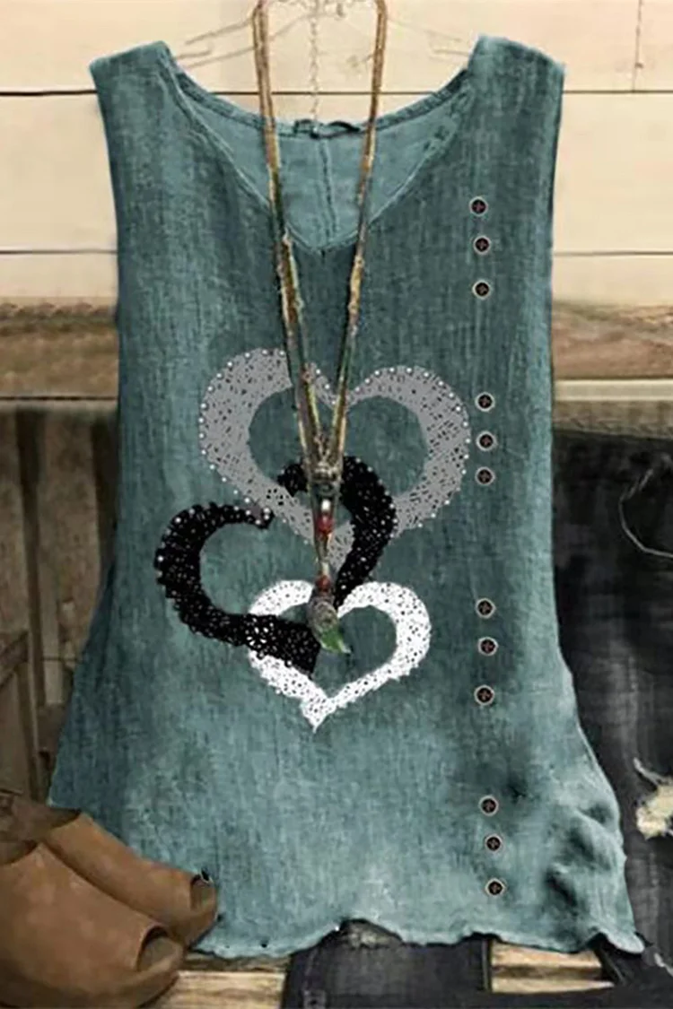 Flycurvy Plus Size Casual Green Linen Heart Print Eyelet Washer Tank Top  Flycurvy [product_label]