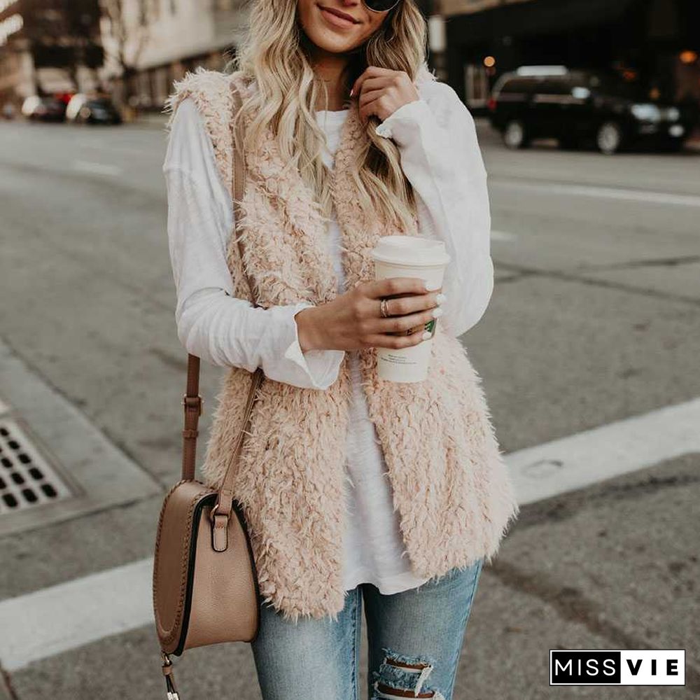 Fluffy Knitted Faux Wool Fur Sherpa Vest Womens