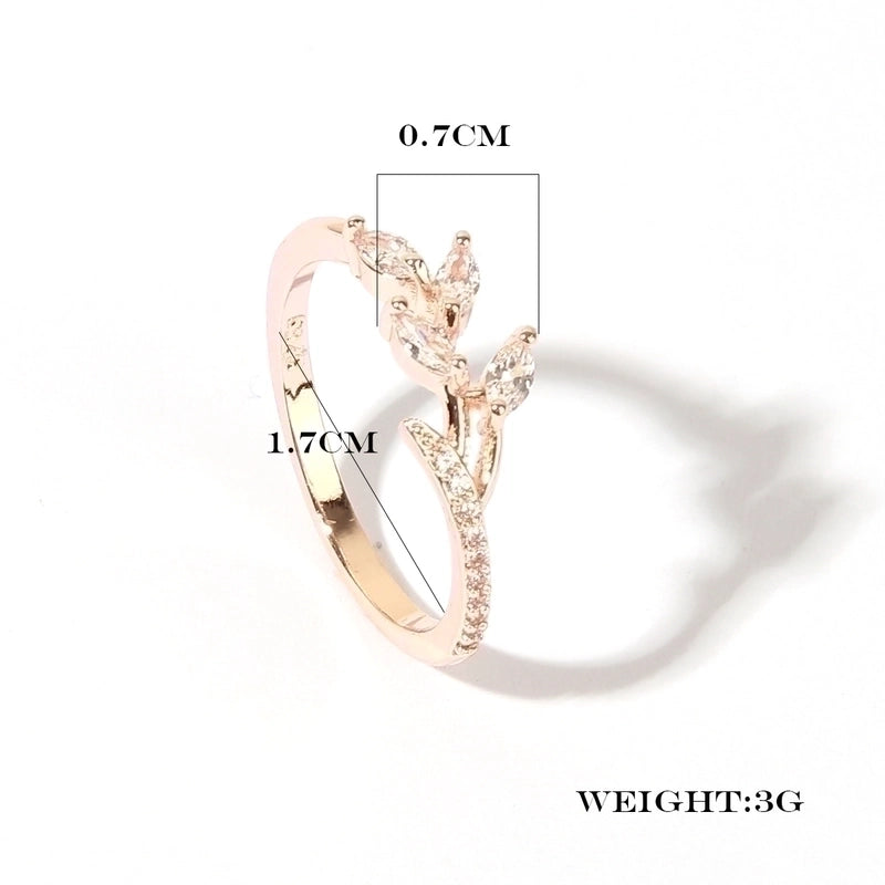 Elegant Shiny Leaves Copper Transparent Inlay Rose Gold Plated Zircon Rings