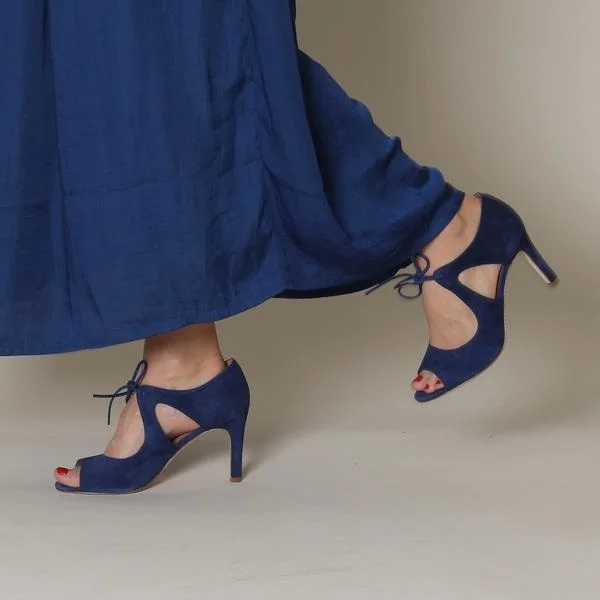 Navy Vegan Suede Peep Toe Lace up Stiletto Heels Sandals |FSJ Shoes